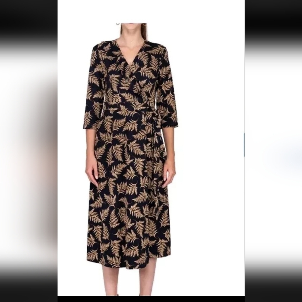 Vicky and Lucas Leaf Wrap Dress 3/4 sleeve black and cream midi Flowy dress L